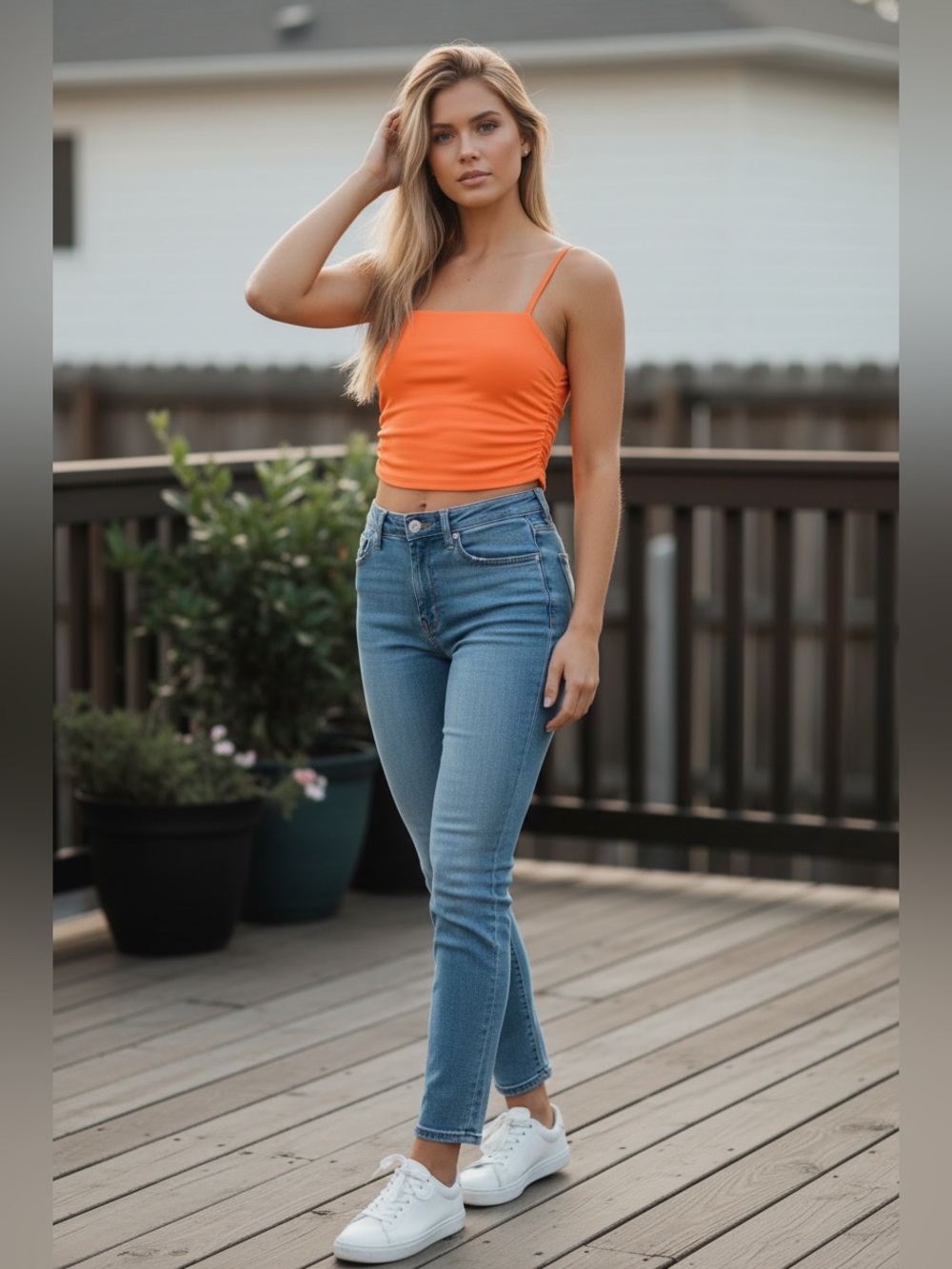 Seamless Crop Top With Ruching Orange Sz M